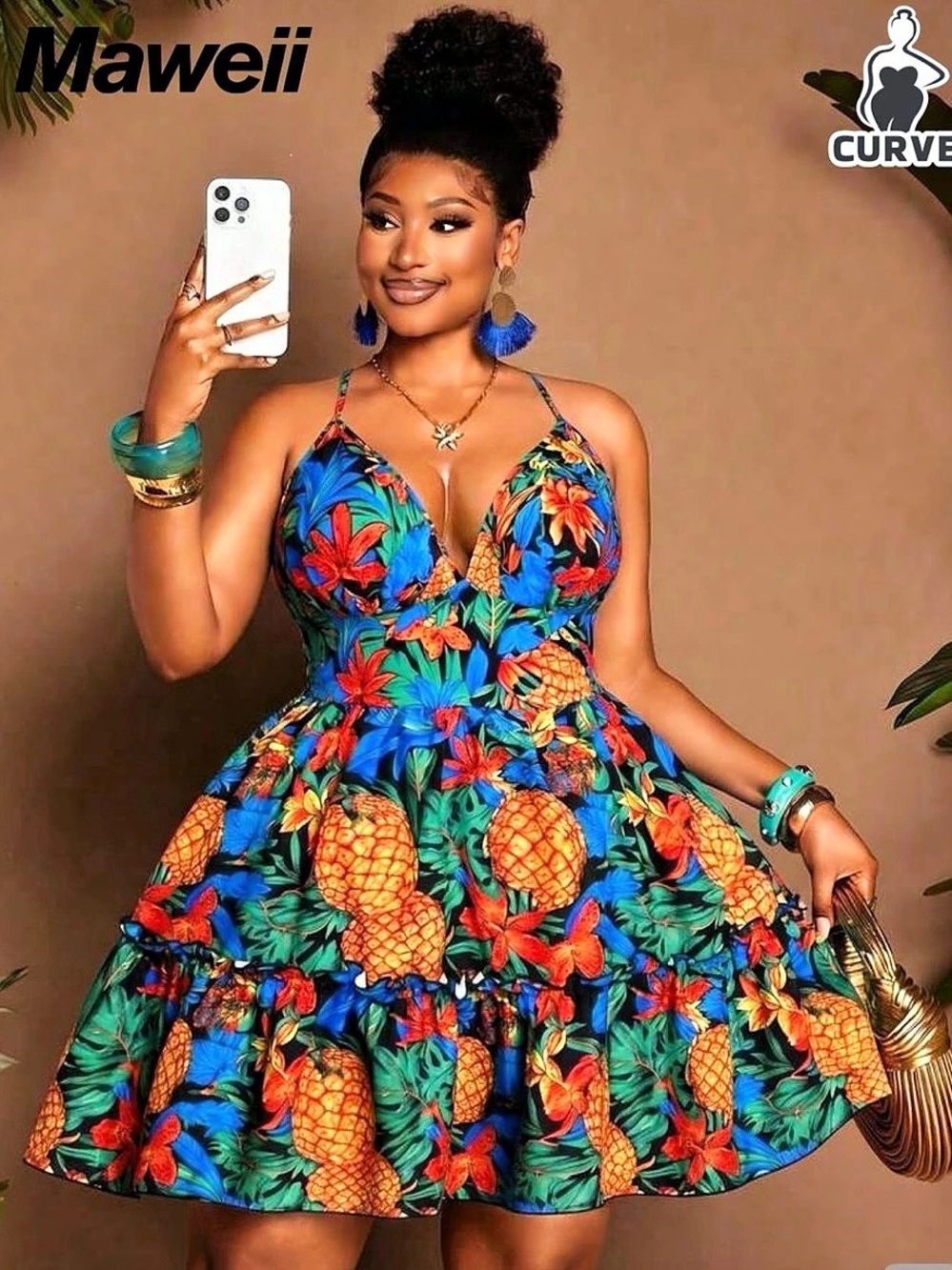 Maweii Plus Size Women Pineapple Print Cutout Waist Ruffle Sleeve Casual Dress